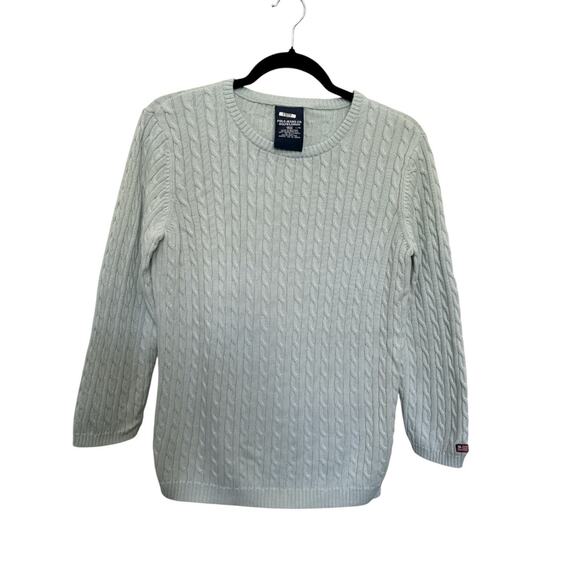 Y2K Vintage Ralph Lauren Jeans Green Cableknit Sweater Flag Academia Patriotic L - Picture 1 of 5
